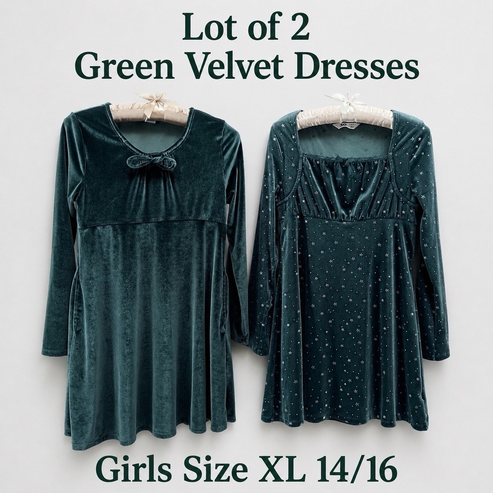 Lot of 2 Girls XL 14/16 Green Velvet Dresses Old Navy SO Long Sleeve Holiday